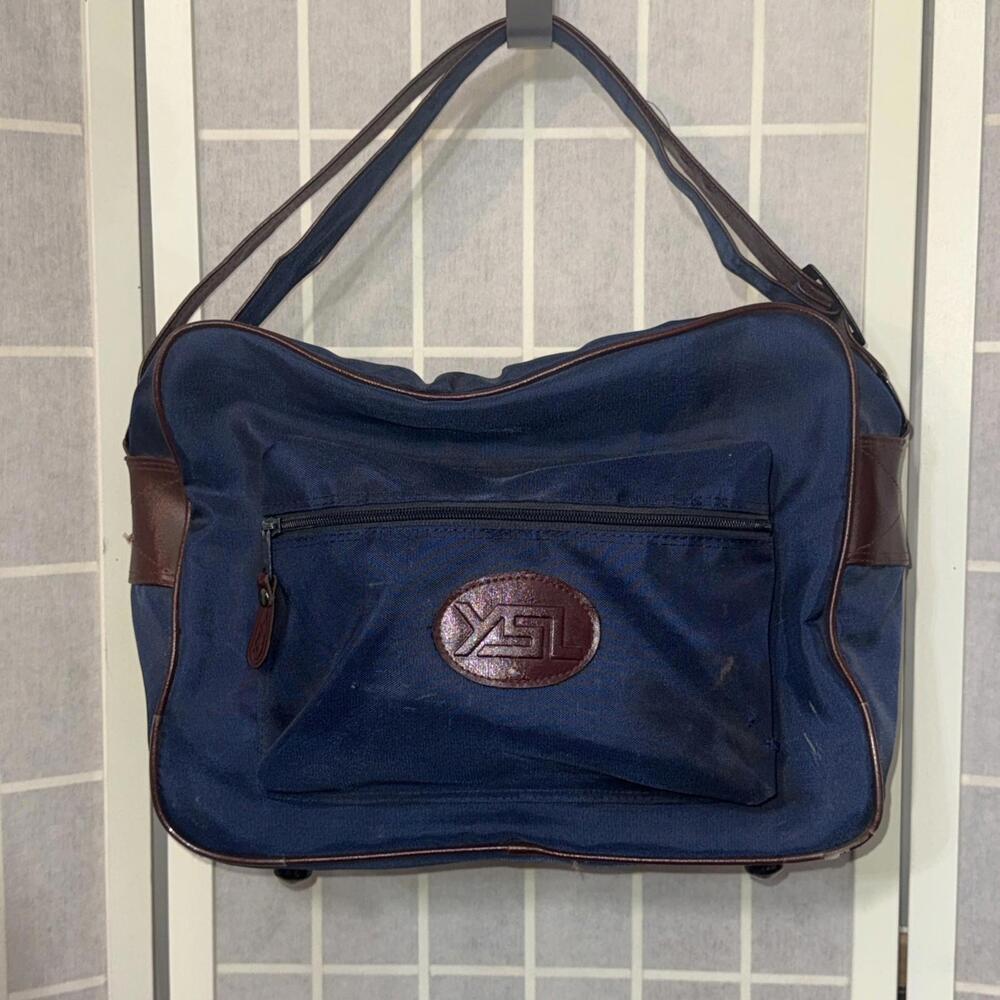 Vintage YSL Yves Saint Laurent Messenger Bag Crossbody Side Bag Blue Brown Korea